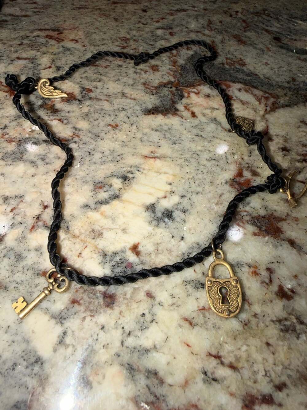 Black Silk Cord Charm Necklace w/ Gold-Tone Charms Lock & Key